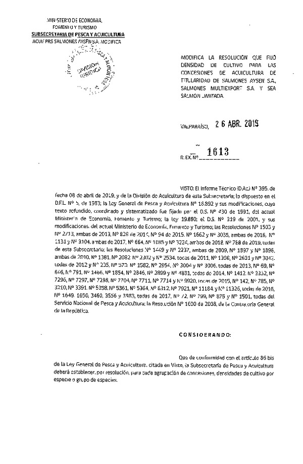 Res. Ex. N° 1613-2019 Modifica Res. Ex. N° 788-2019 Fija Densidad de Cultivo para las Concesiones de Acuicultura de Titularidad de Salmones Multiexport S.A. y Sea Salmon Limitada (Con Informe Técnico) (Publicado en Página Web 29-04-2019)