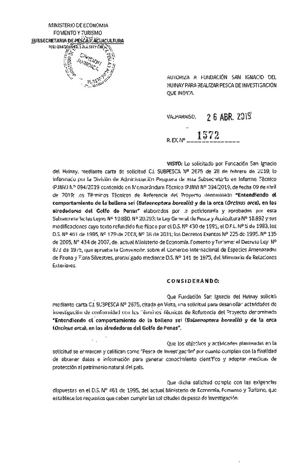 Res. Ex. N° 1572-2019 entendiendo el cmportamiento de la ballena sei.