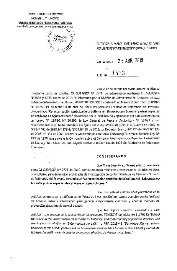 Res. Ex. N° 1573-2019 Caracterización genética de la ballena sei.