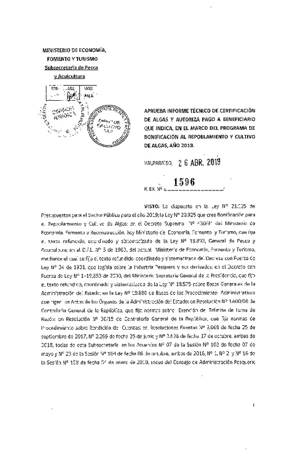 Res. Ex. N° 1596-2019 Aprueba informe técnico de certificación de algas y autoriza pago a benficiario que indica, en el marco del programa de bonificación al repoblamiento y cultivo de algas, año 2018. (Publicado en Página Web 29-04-2019)