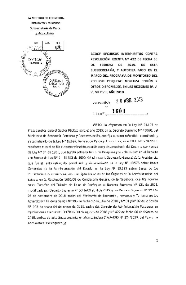 Res. Ex. N° 1600-2019 Acoge recursos interpuestos contra Res. Ex. N° 422-2019. (Publicado en Página Web 29-04-2019)