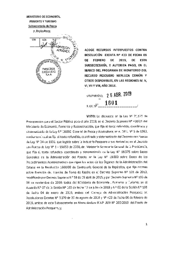 Res. Ex. N° 1601-2019 Acoge recursos interpuestos contra Res. Ex. N° 423-2019. (Publicado en Página Web 29-04-2019)