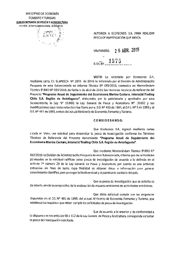 Res. Ex. N° 1575-2019 Programa anual de seguimiento del ecosistema marino, región de Antofagasta.