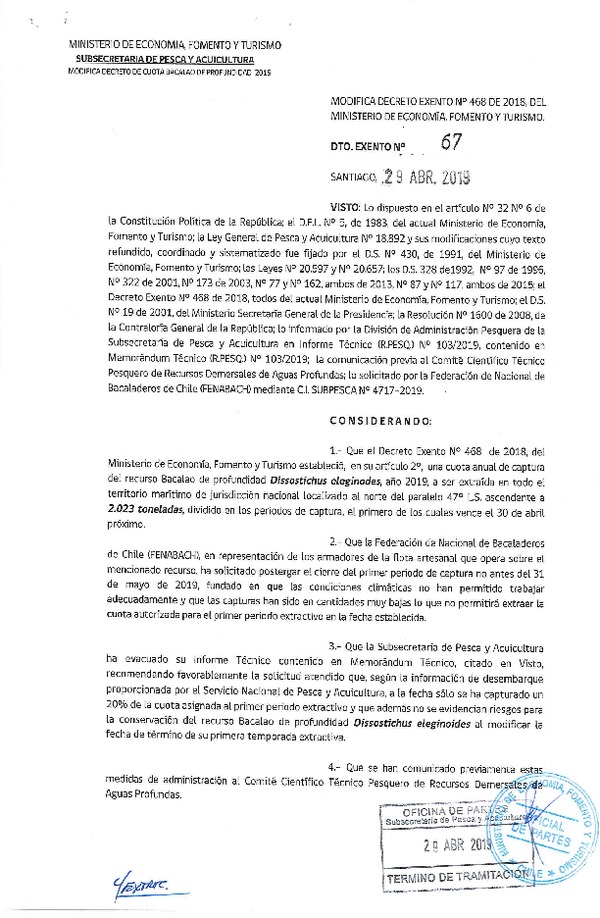 Dec. Ex. N° 67-2019 Modifica Dec. Ex. N° 468-2018 Establece Cuotas Anuales de Captura Especie Bacalao de Profundidad, Año 2019. (Publicado en Página Web 30-04-2019) (F.D.O. 04-05-2019)