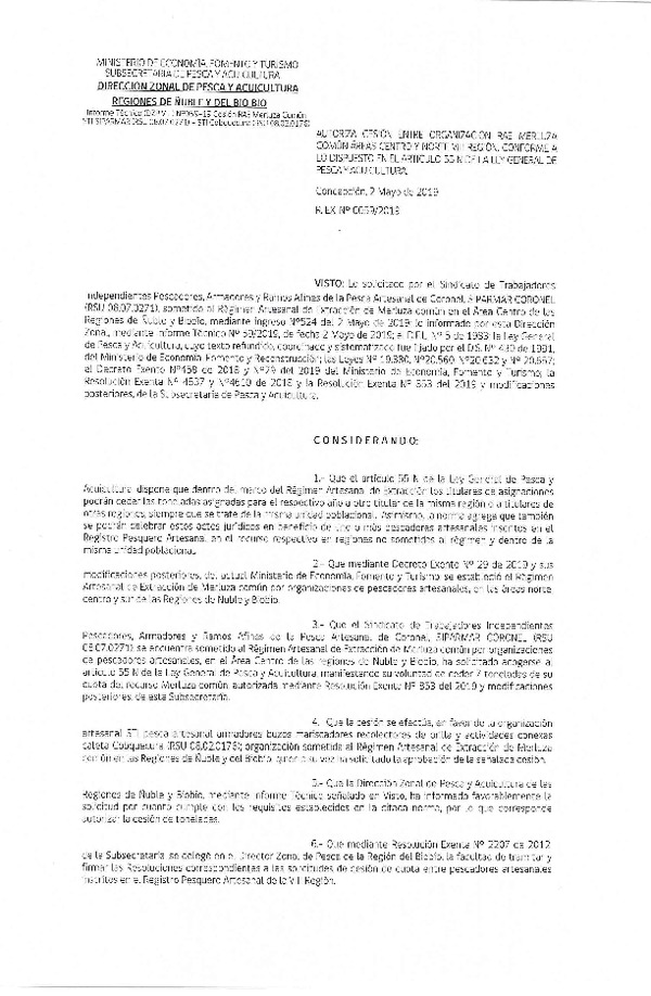 Res. Ex. N° 59-2019 (DZP VIII) Autoriza cesión Merluza común Regiones de Ñuble y del Biobío.