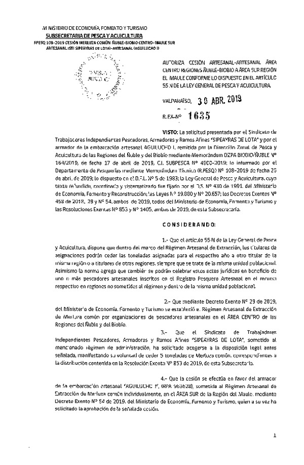 Res. Ex. N° 1635-2019 Autoriza cesión Merluza común Regiones Ñuble - Biobío. a Región del Maule.