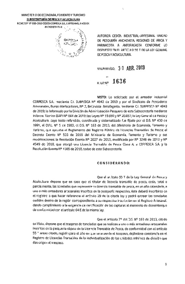 Res. Ex. N° 1636-2019 Autoriza cesión pesquería Anchoveta, Regiones de Arica y Parinacota a Antofagasta.