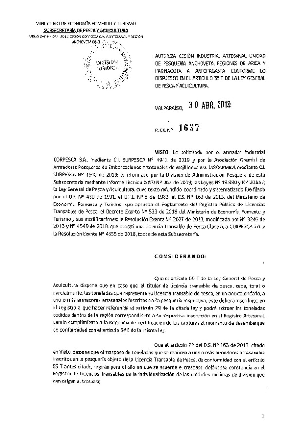 Res. Ex. N° 1637-2019 Autoriza cesión pesquería Anchoveta, Regiones de Arica y Parinacota a Antofagasta.
