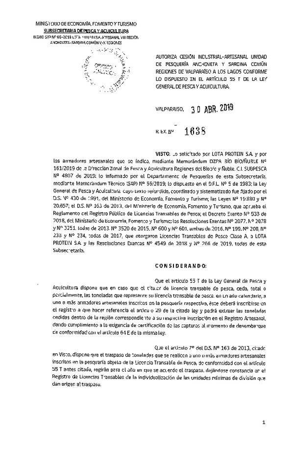 Res. Ex. N° 1638-2019 Autoriza cesión pesquería Anchoveta y Sardina común, Regiones de Valparaíso a Los Lagos.