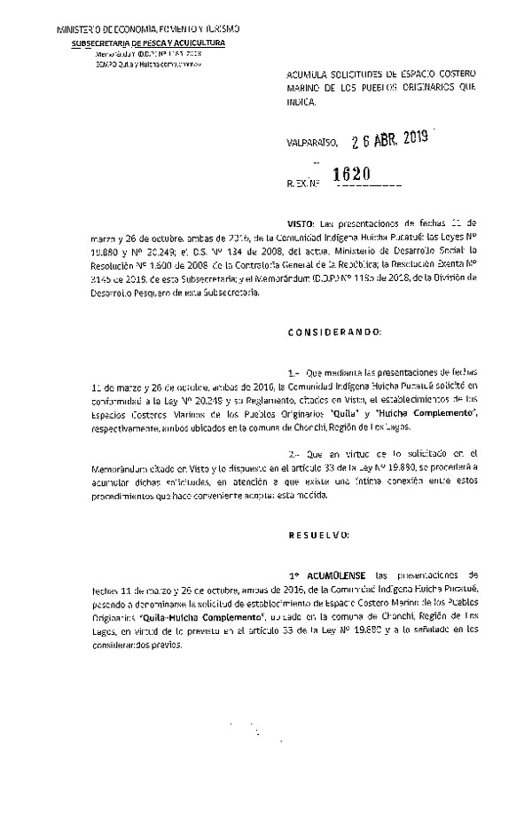 Res. Ex. N° 1620-2019 Acumula solicitudes de ECMPO Quila y Huicha Coplemento.