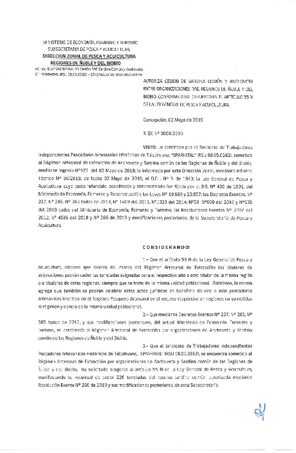 Res. Ex. N° 60-2019 (DZP VIII) Autoriza cesión Anchoveta y sardina común Regiones de Ñuble y del Biobío.