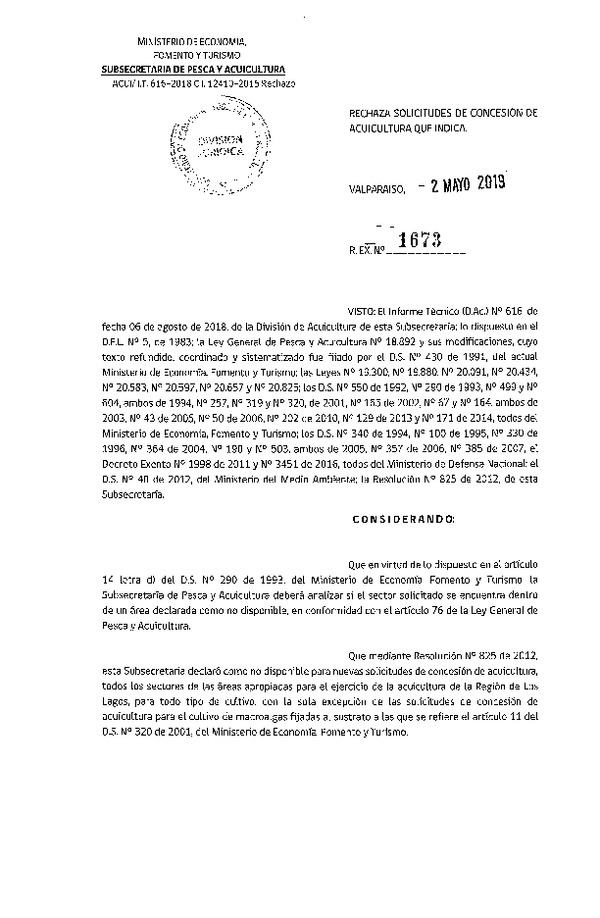 Res. Ex. N° 1673-2019 Rechaza solicitudes de concesión de acuicultura que indica.