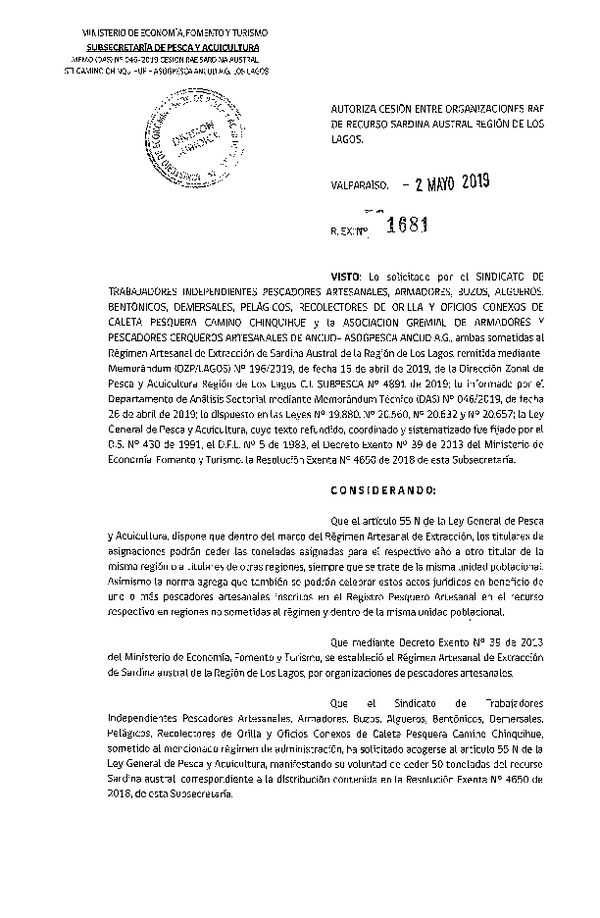 Res. Ex. N° 1681-2019 Autoriza cesión Sardina austral, Región de Los Lagos.