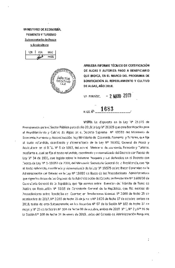 Res. Ex. N° 1683-2019 Aprueba informe técnico de certificación de algas y autoriza pago a benficiario que indica, en el marco del programa de bonificación al repoblamiento y cultivo de algas, año 2018. (Publicado en Página Web 06-05-2019)