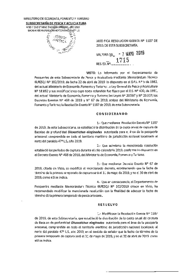 Res. Ex. N° 1715-2019 Modifica Res. Ex. N° 1187-2019 Establece Distribución de la Cuota de Captura Artesanal de Bacalao de Profundidad, Año 2019-. (Publicado en Página Web 09-05-2019) (F.D.O. 16-05-2019)