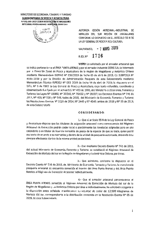 Res. Ex. N° 1716-2019 Cesión Merluza del sur Región de Magallanes.