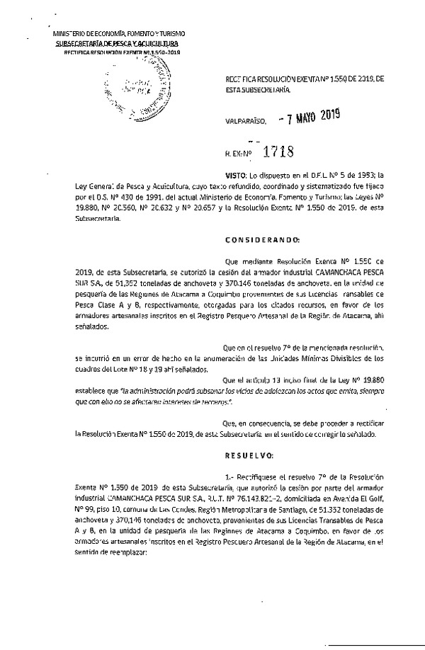 Res. Ex. N° 1718-2019 Rectifica Res. Ex. N° 1550-2019 Autoriza cesión pesquería Anchoveta, Regiones de Atacama a Coquimbo.