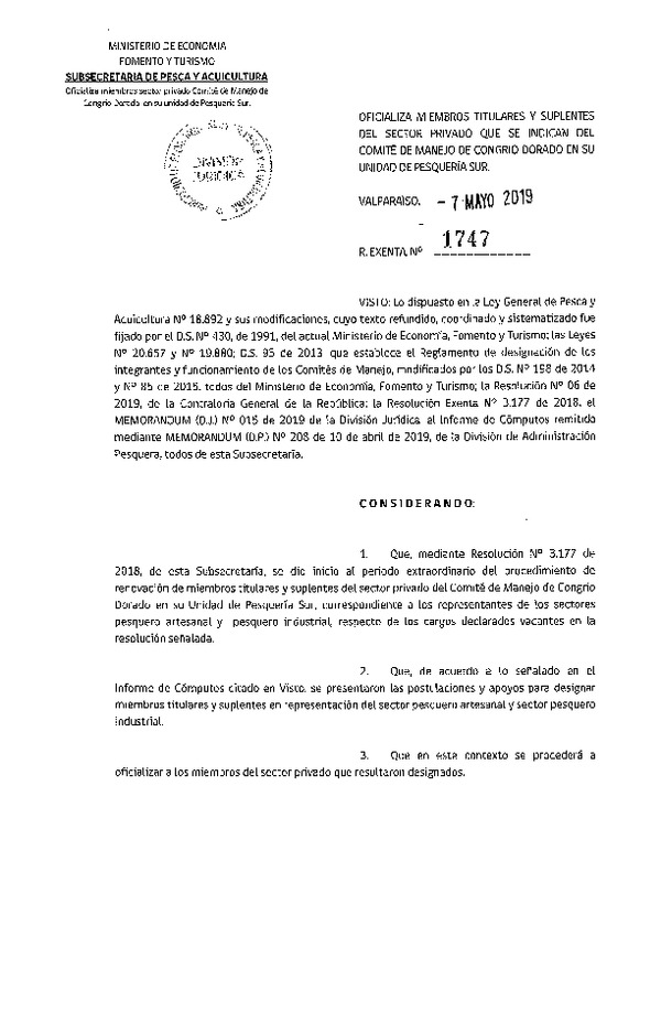 Res. Ex. N° 1747-2019 Oficializa Miembros Titulares y Suplentes del Sector Privado que se Indican del Comité de Manejo Congrio Dorado, Unidad de Pesquería Sur. (Publicado en Página Web 09-05-2019) (F.D.O. 16-05-2019)