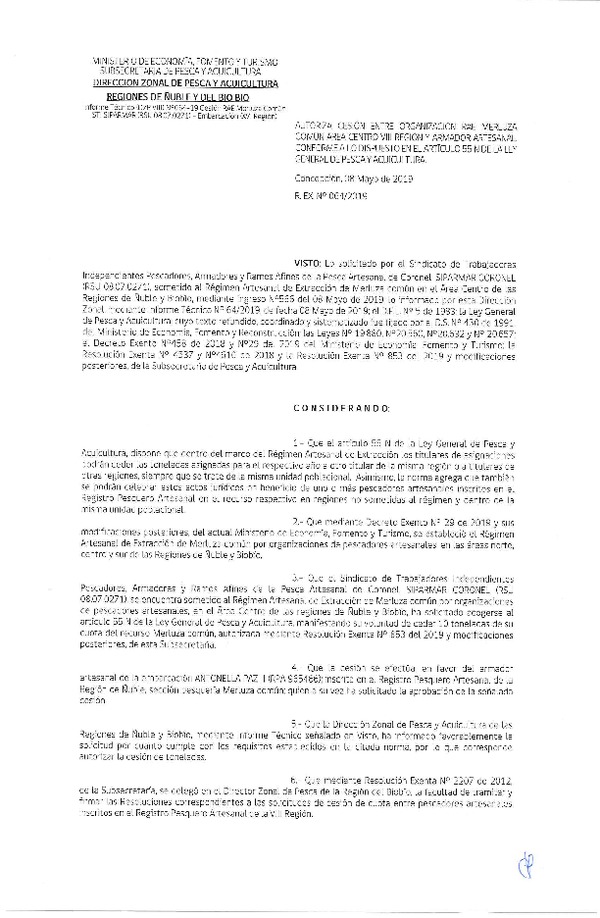 Res. Ex. N° 64-2019 (DZP VIII) Autoriza cesión Merluza común Regiones de Ñuble y del Biobío.