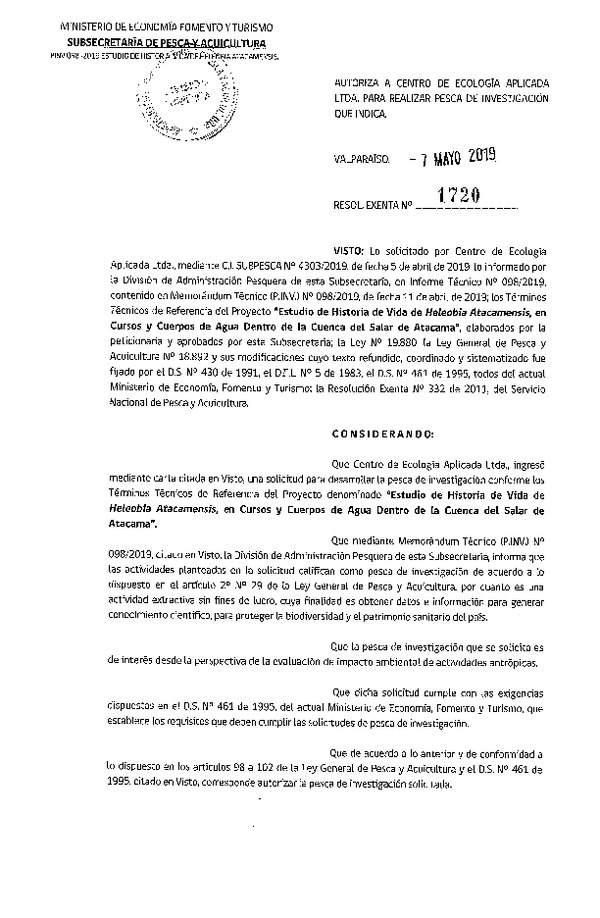 Res. Ex. N° 1720-2019 Estudio de historia de vida de Heleobia Atacamensis, Región de Atacama.