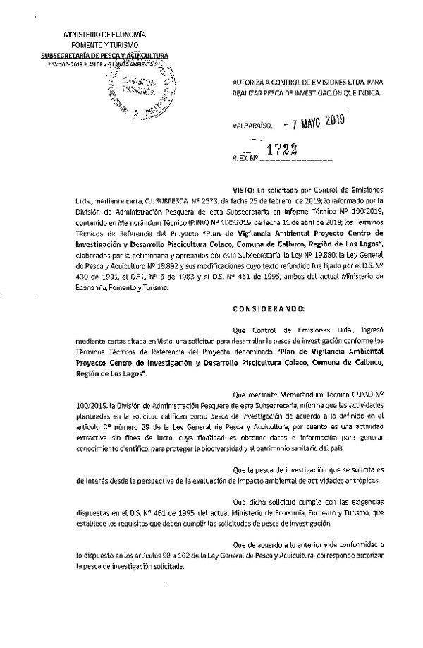 Res. Ex. N° 1722-2019 Plan de vigilancia ambiental, Región de Los Lagos.