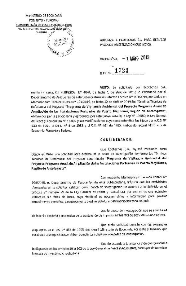 Res. Ex. N° 1723-2019 Plan de vigilancia ambiental, Región de Antofagasta.