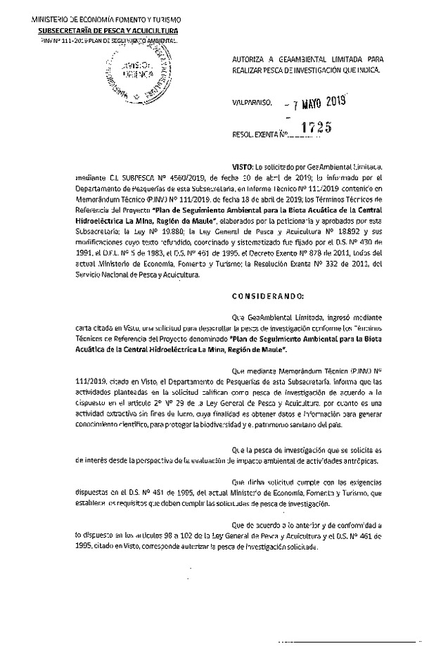 Res. Ex. N° 1725-2019 Plan de seguimiento ambiental, Región del Maule.