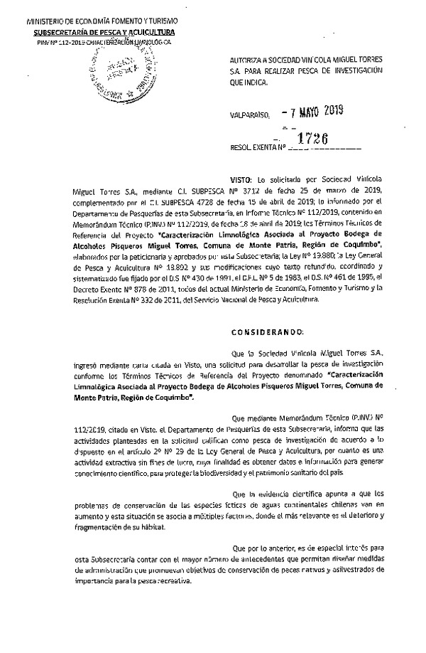 Res. Ex. N° 1726-2019 Caracterización limnológica, Región de Coquimbo.