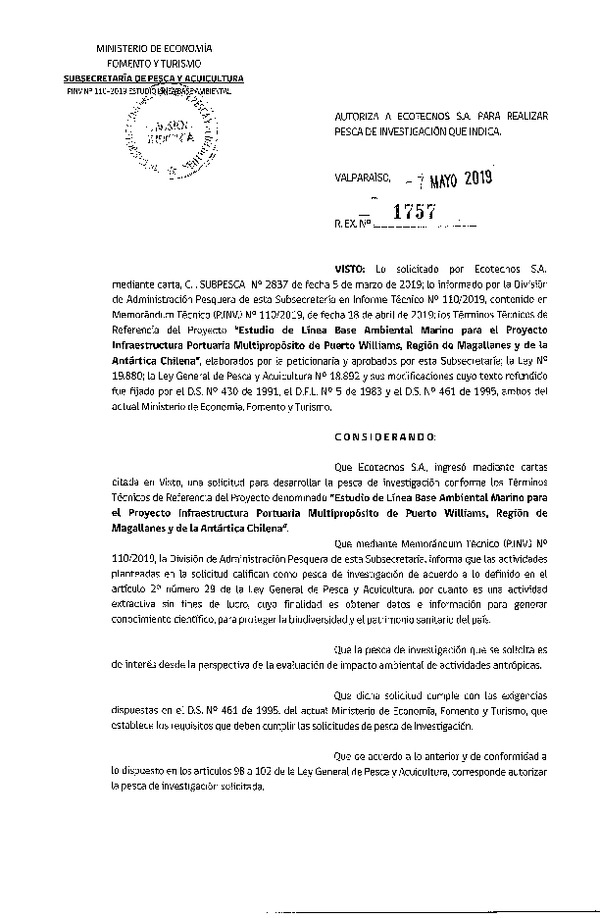 Res. Ex. N° 1757-2019 Estudio de línea base ambiental, Región de Magallanes.