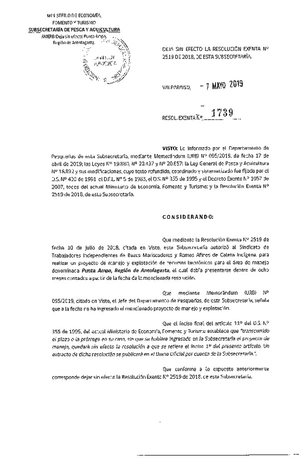 Res. Ex. N° 1739-2019 deja sin efecto Res. Ex. N° 2519-2018.