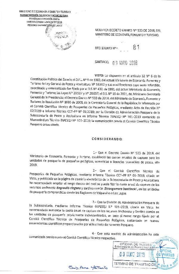 Dec. Ex. N° 81-2019 Modifica Dec. Ex. N° 533-2018 Establece Cuotas Anuales de Captura de Unidades de Pesquerías de Recursos Pelágicos Pequeños que Indica Sometidas a LTP, Año 2019. (Publicado en Página Web 10-09-2019) (F.D.O. 15-05-2019)