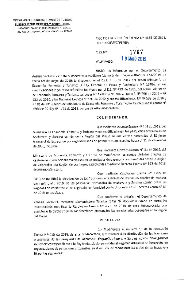 Res. Ex. N° 1767-2019 Modifica Res. Ex. N° 4655-2018 Distribución de la fracción artesanal de pesquería de Anchoveta y sardina común, Región del Maule, año 2019. (Publicado en Página Web 10-05-2019) (F.D.O. 18-05-2019)