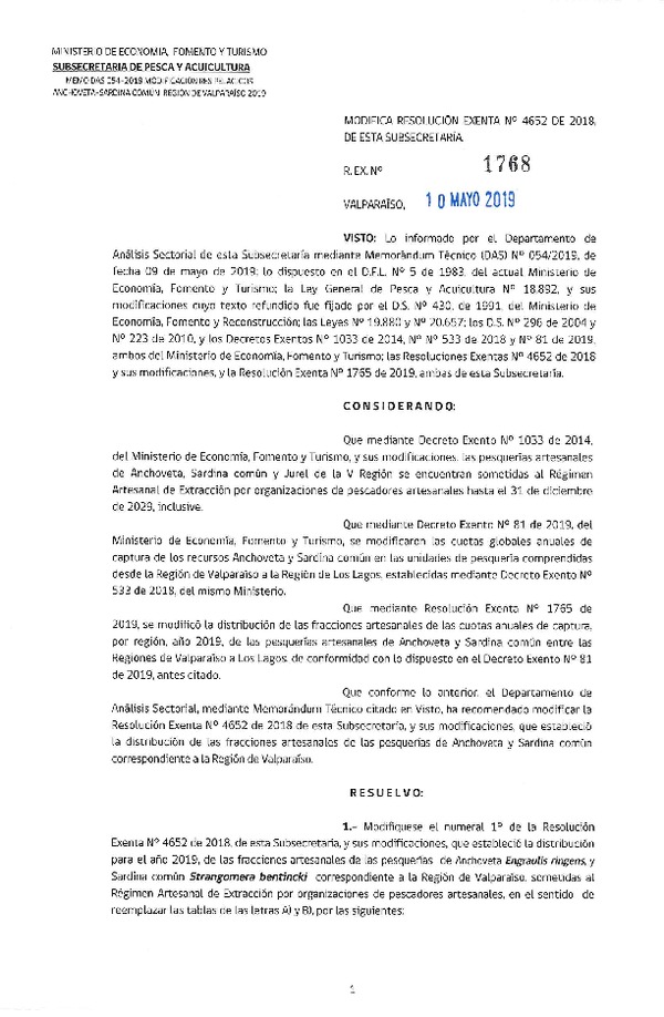 Res. Ex. N° 1768-2019 Modifica Res. Ex. N° 4652-2018 Distribución de la fracción artesanal de pesquería de Anchoveta, sardina común y Jurel, Región de Valparaíso, año 2019. (Publicado en Página Web 10-05-2019) (F.D.O. 18-05-2019)