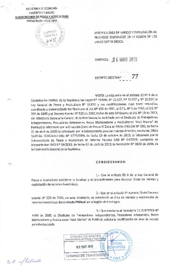 Dec. Ex. N° 77-2019 Modifica Dec. Ec. N° 525-2002 Área de Manejo Piñihuil, Región de Los Lagos. (Publicado en Página Web 13-05-2019) (F.D.O  13-05-2019)