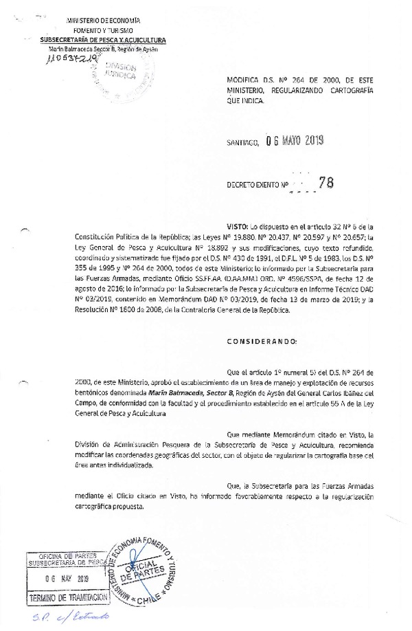 Dec. Ex. N° 78-2019 Modifica D.S. N° 264-2000 Área de Manejo Marín Balmaceda Sector B, Región de Aysén del General Carlos Ibañez del Campo. (Publicado en Página Web 13-05-2019) (F.D.O  13-05-2019)