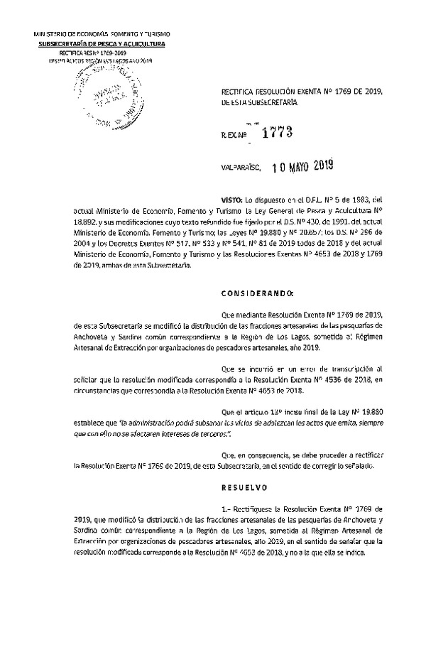 Res. Ex. N° 1773-2019 Rectifica Res. Ex. N° 1769-2019 Que Modificó Res Ex. Distribución de Anchoveta y Sardina Común. (Publicado en Página Web 13-05-2019)