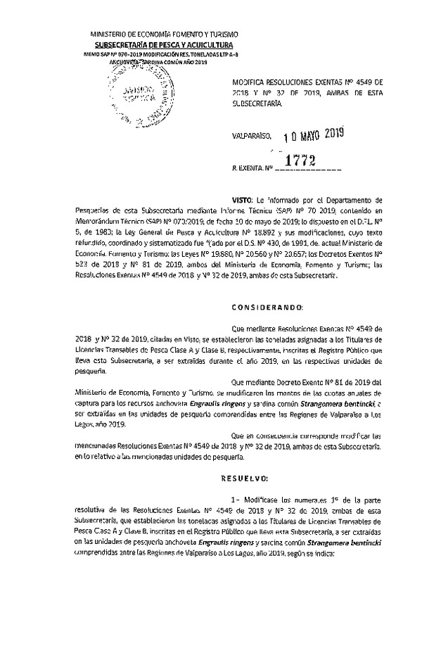 Res. Ex. N° 1772-2019 Modifica Res. Ex. N° 4549-2018 y N° 32-2019 que Establecieron Toneladas LTP Clase A y Clase B. (Publicado en Página Web 13-05-2019) (F.D.O. 18-05-2019)