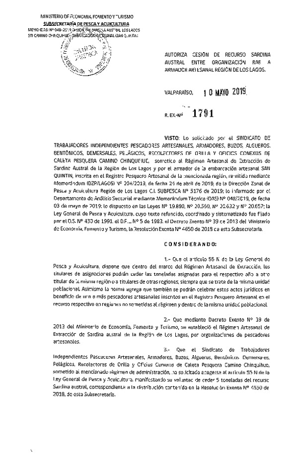 Res. Ex. N° 1791-2019 Autoriza cesión Sardina austral, Región de Los Lagos.