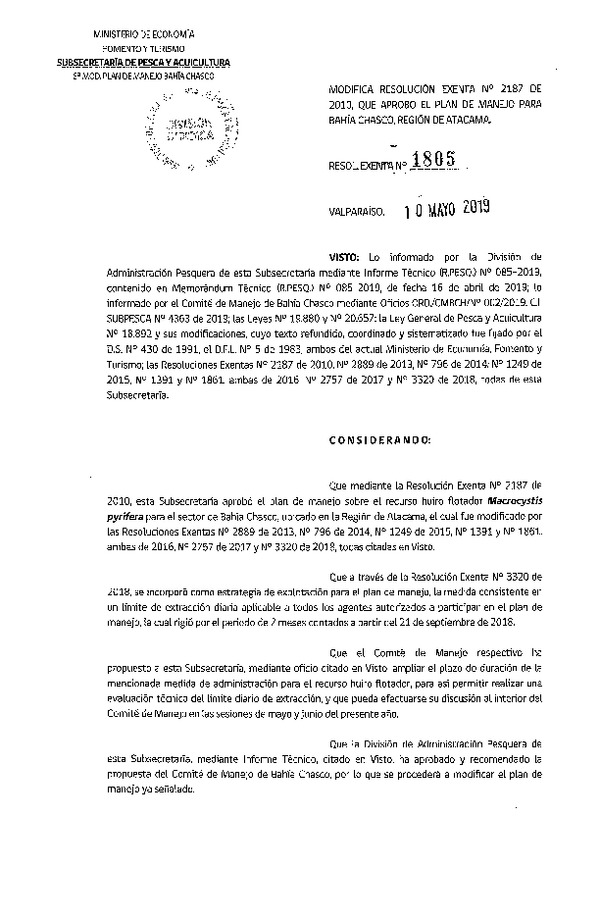 Res. Ex. N° 1805-2019 Modifica Res. Ex. N° 2187-2010 que Aprobó el plan de manejo para bahía Chasco, Región de Atacama. (Publicado en Página Web 14-05-2019) (F.D.O. 18-05-2019)