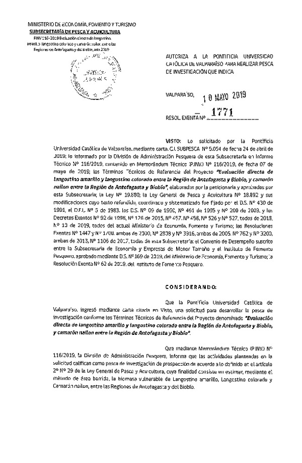 Res. Ex. N° 1771-2019 Evaluación directa de langostino amarillo y langostino colorado, entre las Regiones de Antofagasta y Biobío.