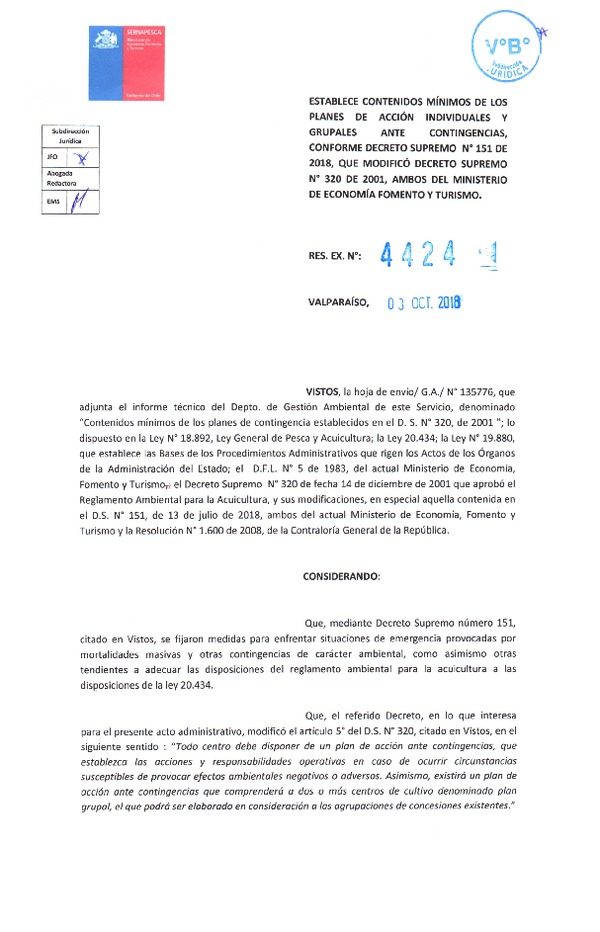 Res. Ex. N° 4424-2018 (Sernapesca) Establece contenidos mínimos de los planes de acción individuales y grupales ante contingencias, conforme decreto supremo N° 151 de 2018, que modificó decreto supremo N° 320 de 2001, ambos del Ministerio de Economía, Fomento y Turismo