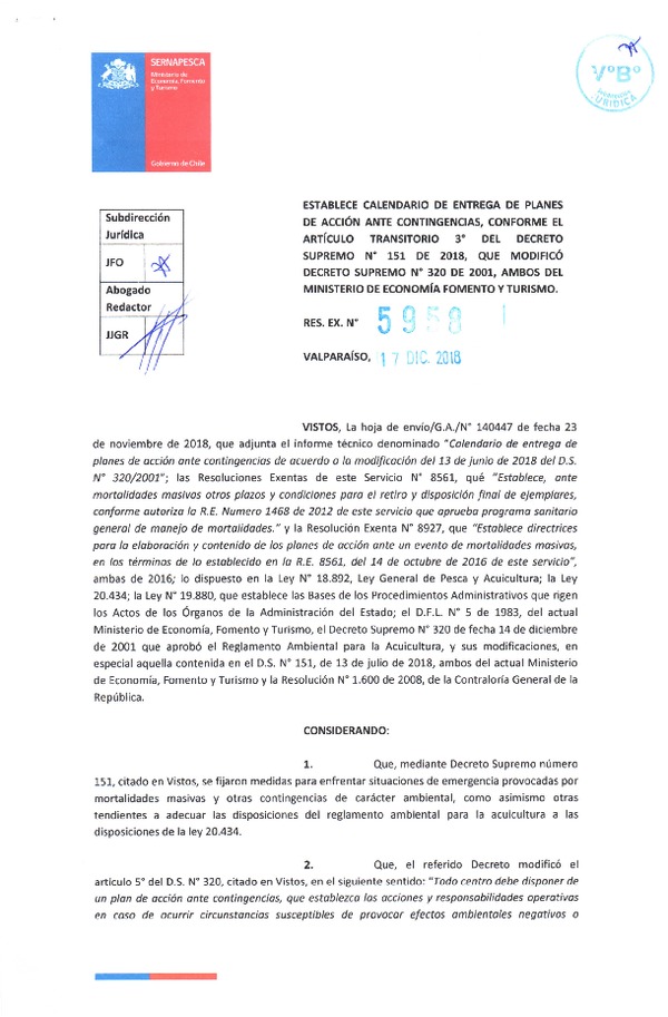 Res. Ex. N° 5958-2018 (Sernapesca) Establece calendario de entrega de planes de acción ante contingencias, conforme el artículo transitorio 3° del Decreto Supremo N° 151 de 2018, que modificó Decreto Supremo N° 320 de 2001, ambos del Ministerio de Economía Fomento y Turismo