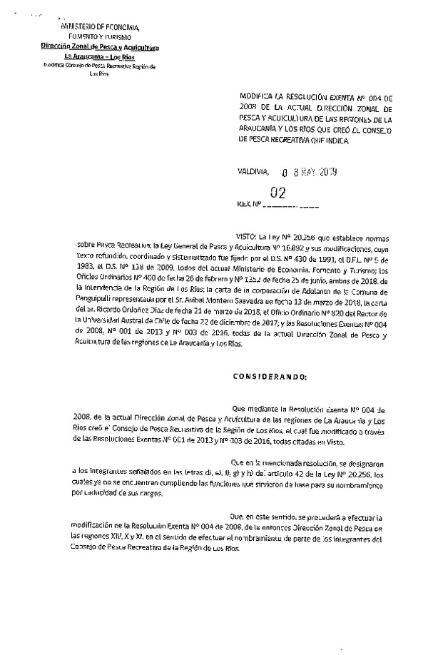 Res Ex Nº 02-2019 (DZP La Araucanía y Los Ríos) Modifica R EX Nº 4-2008 que Creó el Consejo de pesca Recreativa de la Región de Los Ríos. (Publicado en Página Web 15-05-2019)