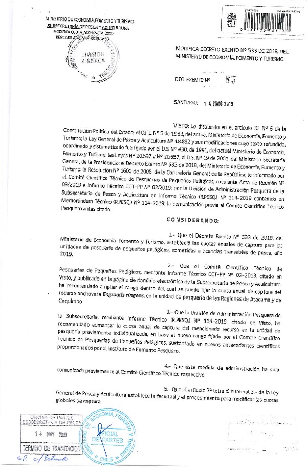 Dec. Ex. N° 85-2019 Modifica Dec. Ex. N° 533-2018 Establece Cuotas Anuales de Captura de Unidades de Pesquerías de Recursos Pelágicos Pequeños que Indica Sometidas a LTP, Año 2019. (Publicado en Página Web 15-05-2019) (F.D.O. 20-05-2019)