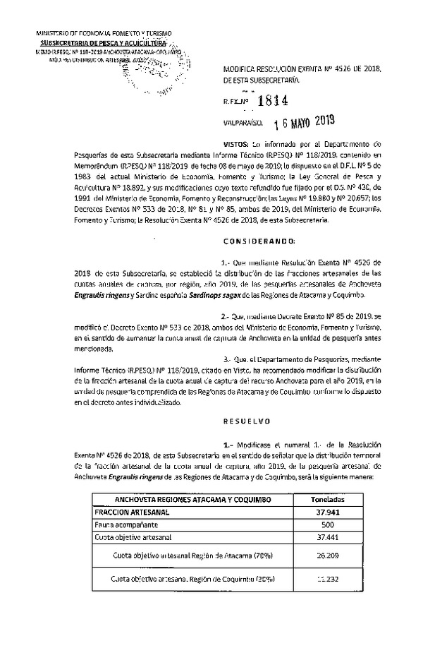 Res. Ex. N° 1814-2019 Modifica Res. Ex. N° 4526-2018 Establece Distribución de las Fracciones Artesanales de Anchoveta y Sardina Española Regiones Atacama-Coquimbo, por Región, Año 2019. (Publicado en Página Web 16-05-2019) (F.D.O. 27-05-2019)