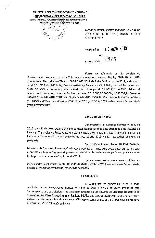 Res. Ex. N° 1815-2019 Modifica Res. Ex. N° 4549-2018 y N° 32-2019 que Establecieron Toneladas LTP Clase A y Clase B. (Publicado en Página Web 16-05-2019) (F.D.O. 27-05-2019)