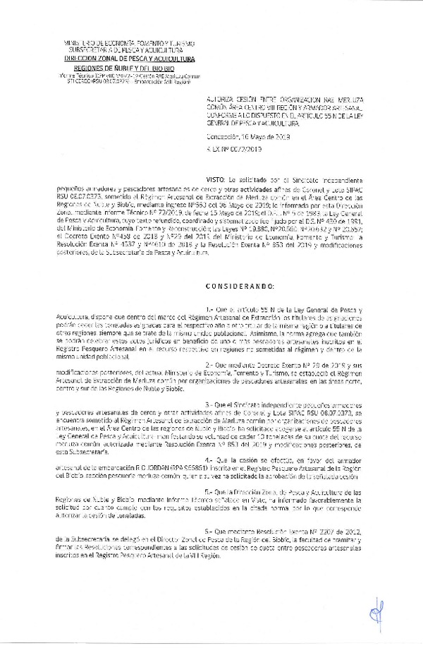 Res. Ex. N° 72-2019 (DZP VIII) Autoriza cesión Merluza común Regiones de Ñuble y del Biobío.