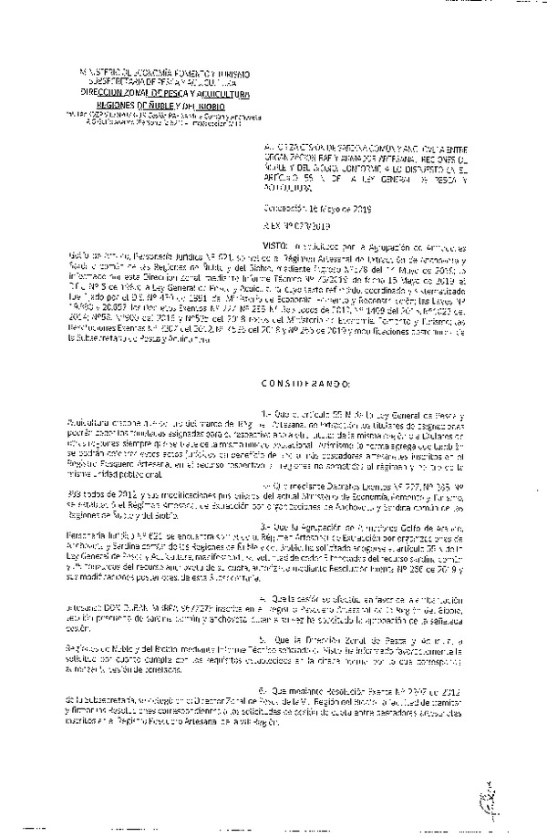 Res. Ex. N° 73-2019 (DZP VIII) Autoriza cesión Anchoveta y sardina común Regiones de Ñuble y del Biobío.