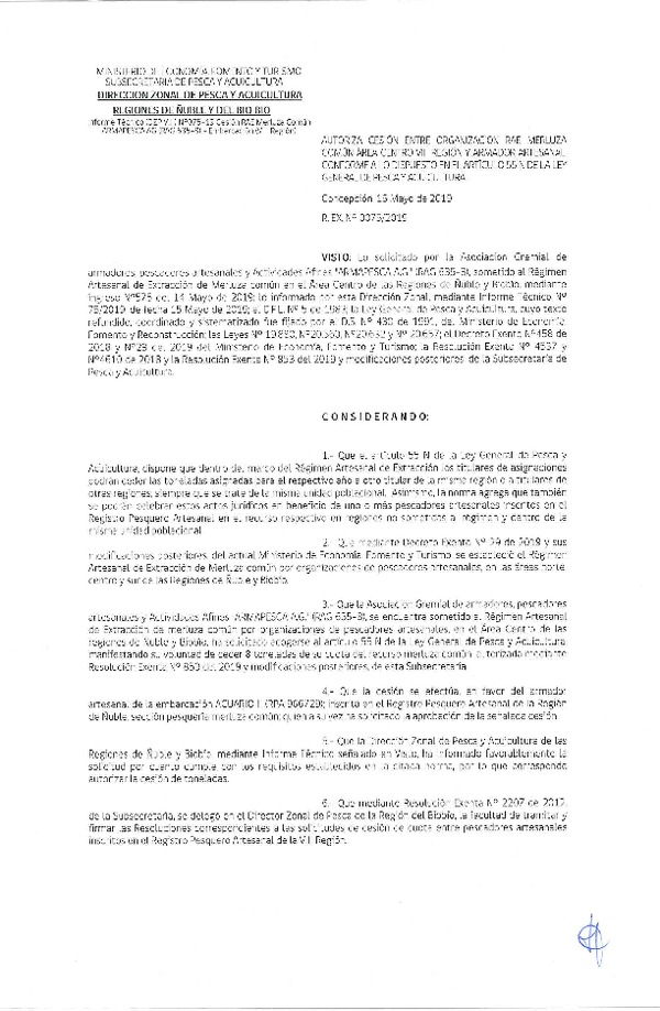 Res. Ex. N° 75-2019 (DZP VIII) Autoriza cesión Merluza común Regiones de Ñuble y del Biobío.