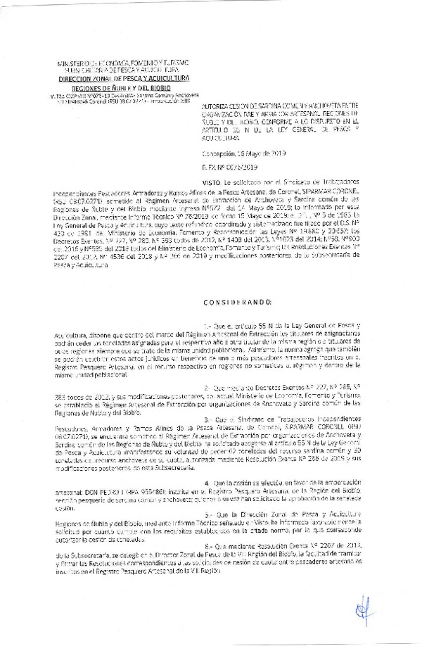 Res. Ex. N° 76-2019 (DZP VIII) Autoriza cesión Anchoveta y sardina común Regiones de Ñuble y del Biobío.